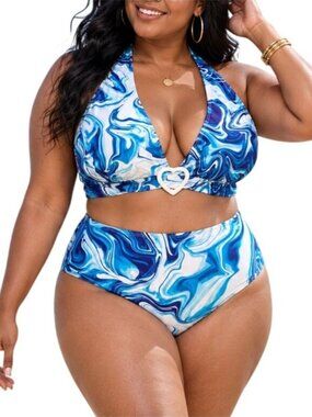 Soly Hux Plus Size 2XL Bikini Halter High-Waisted Swimsuit Blue Marble Print